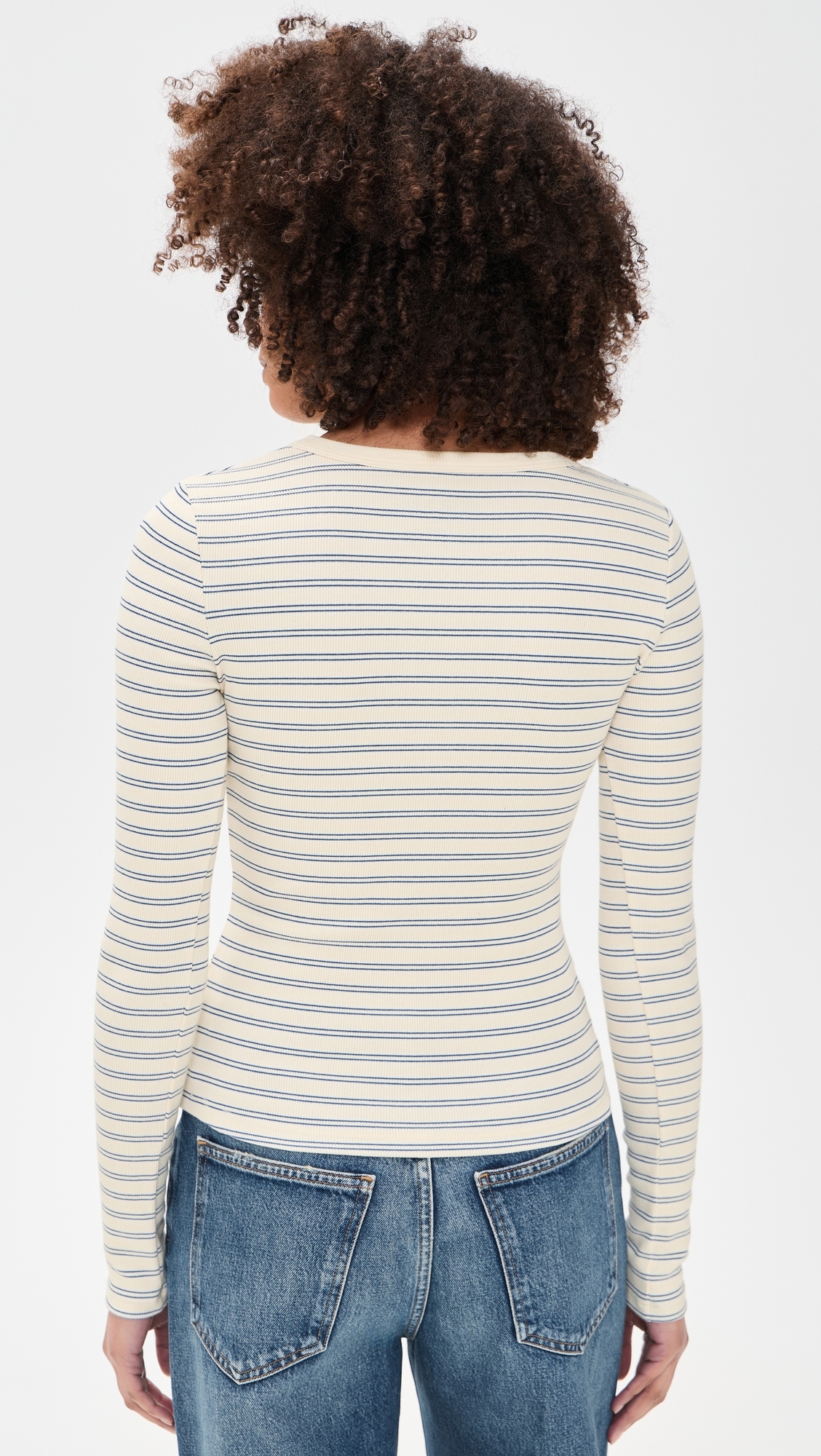 Long Sleeve Ribbed Crewneck Double Stripe Blue
