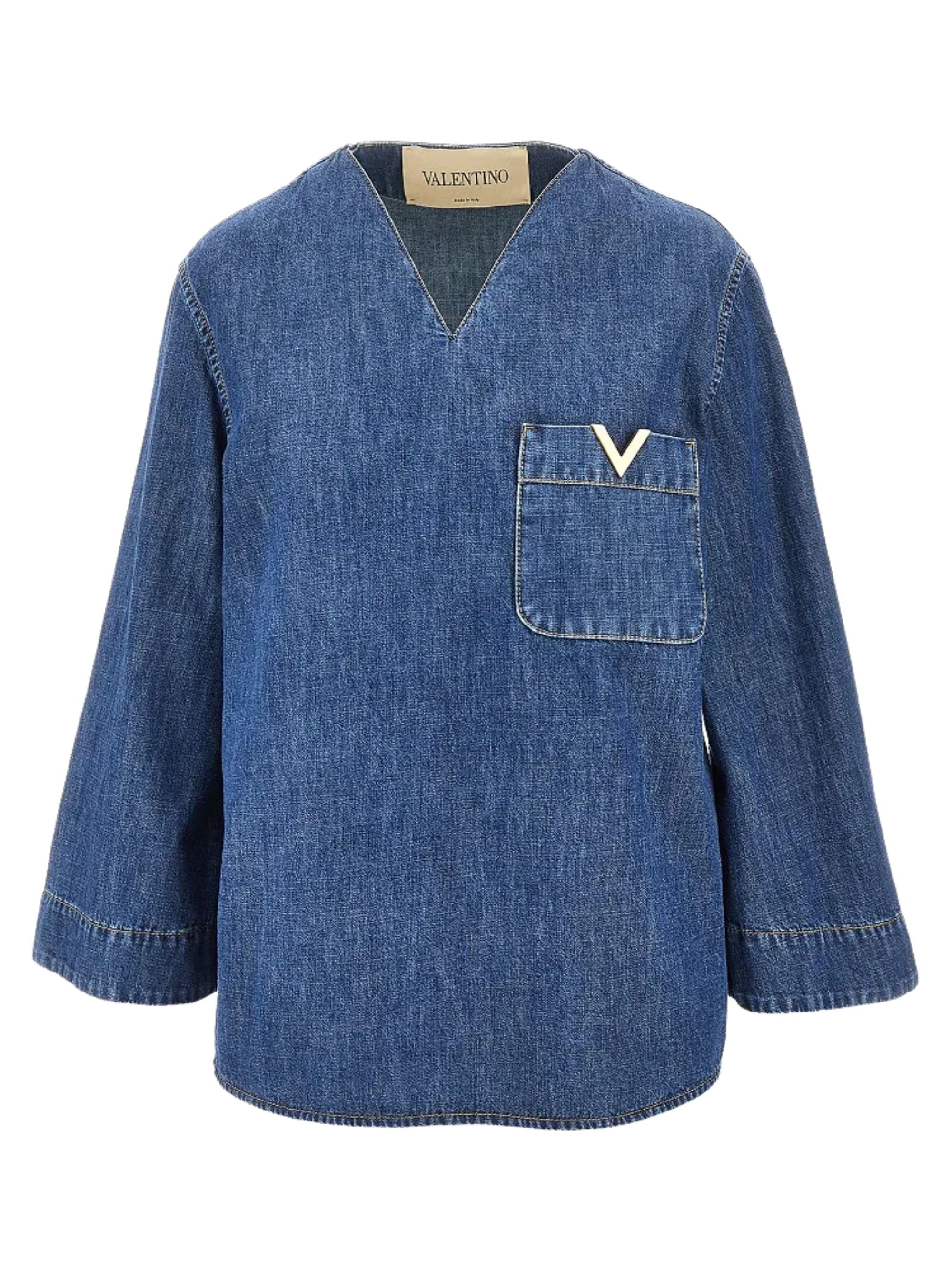 Long Sleeve V-Neck Cotton Shirt with Front Pocket