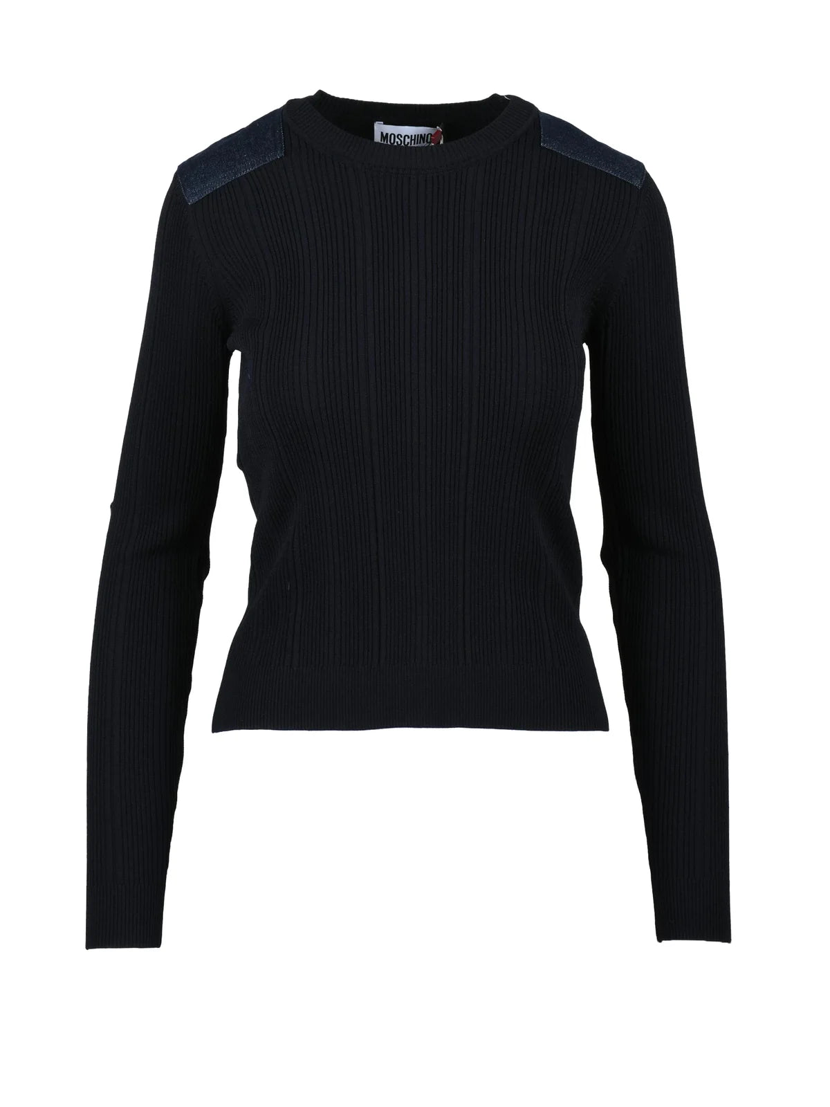 Ribbed Knit Sweater with Denim Patches