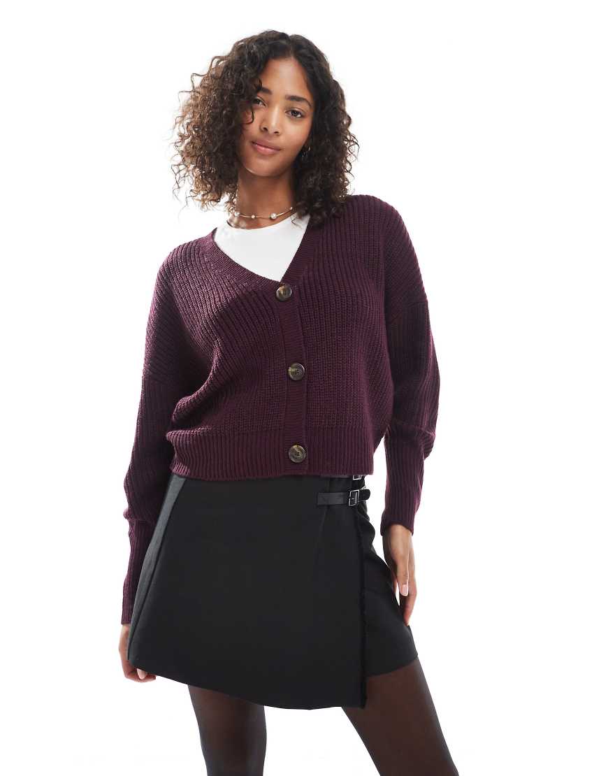 Button through chunky rib cardigan in burgundy-Red
