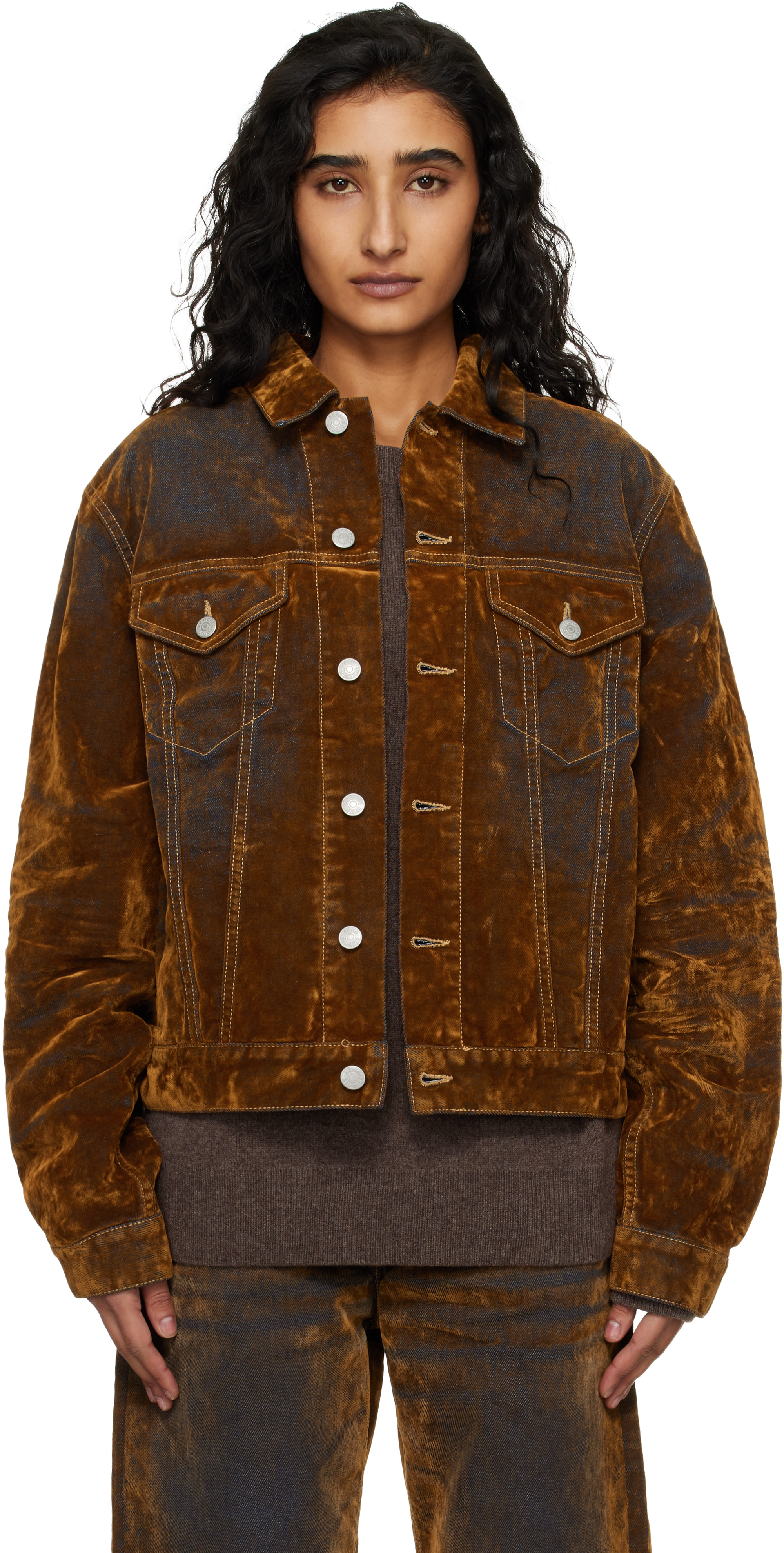 Brown Flocked Denim Jacket