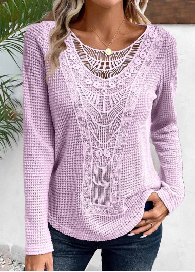 Modlily Beige Lace Long Sleeve Round Neck T Shirt