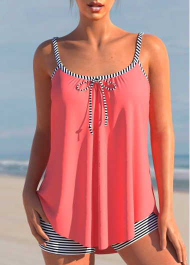 Modlily Striped Bowknot Coral Red Tankini Set