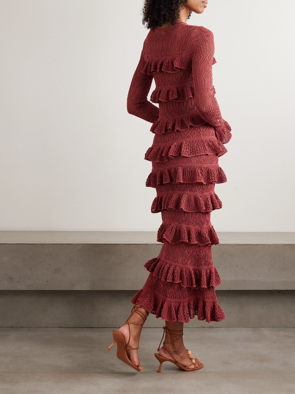 Wanderlust Ruffled Open-knit Maxi Dress - Red