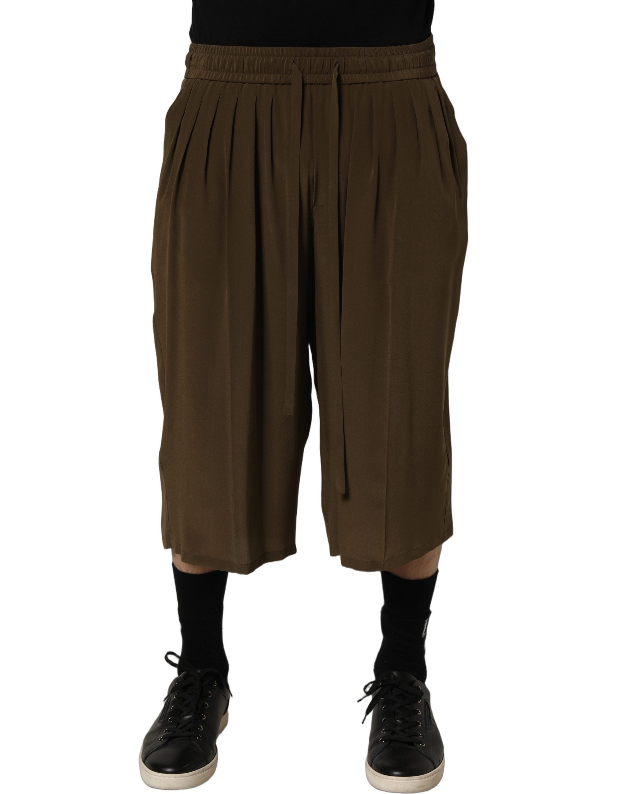 Pleated Silk Bermuda Shorts — Brown