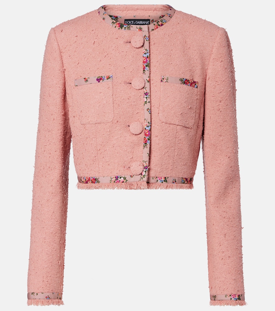 Floral cropped cotton-blend tweed jacket