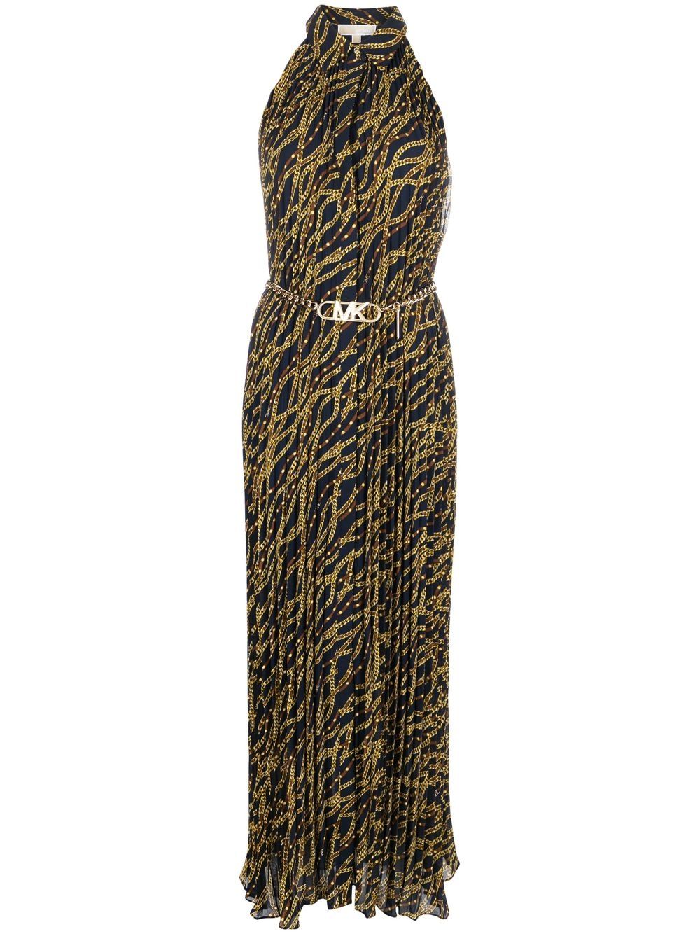 Status-print belted dress - Blue