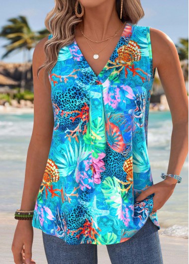 Modlily Blue Marine Life Print Sleeveless V Neck Tank Top