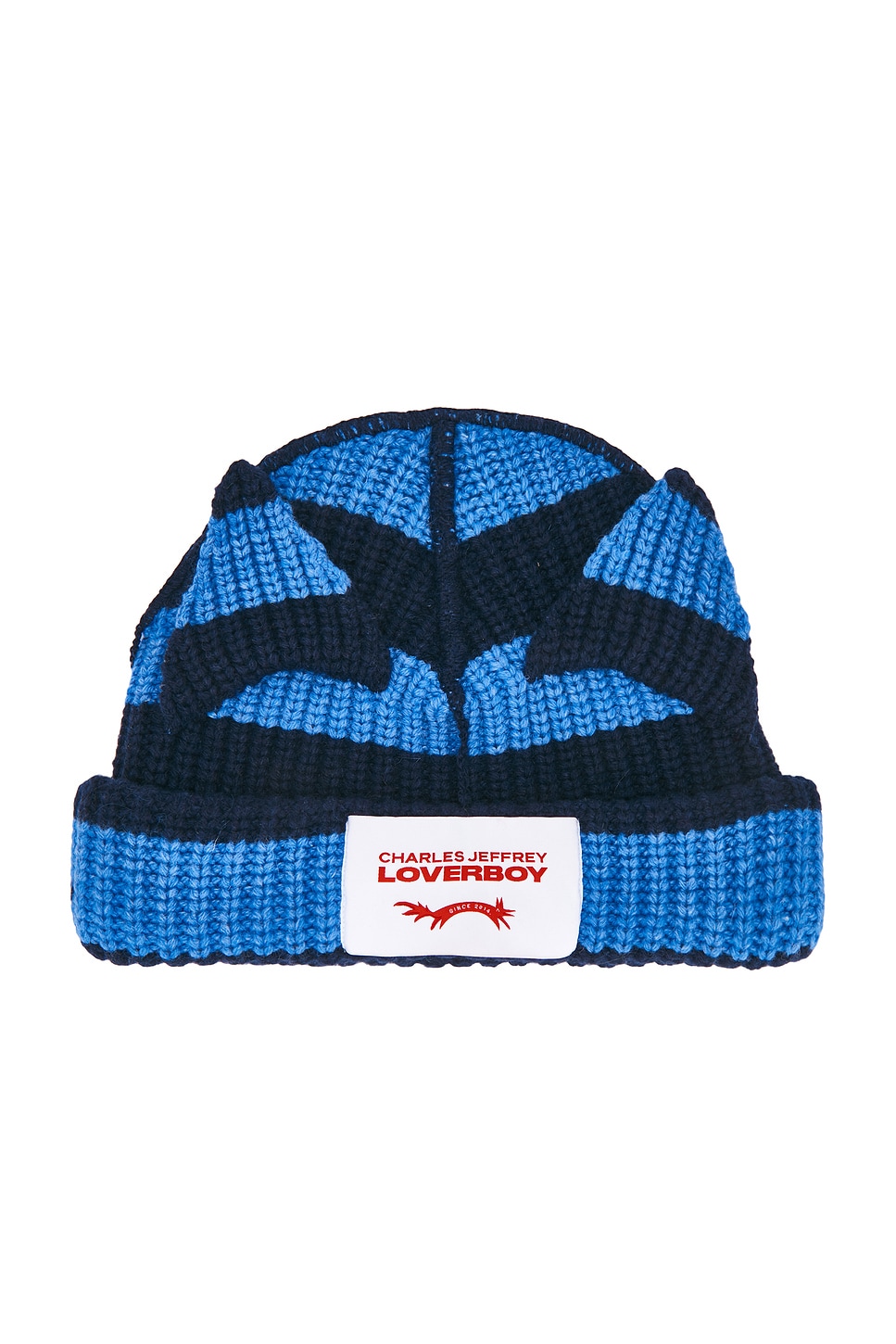 Charles Jeffrey LOVERBOY Chunky Ears Beanie in Blue & Navy Stripe - Blue. a