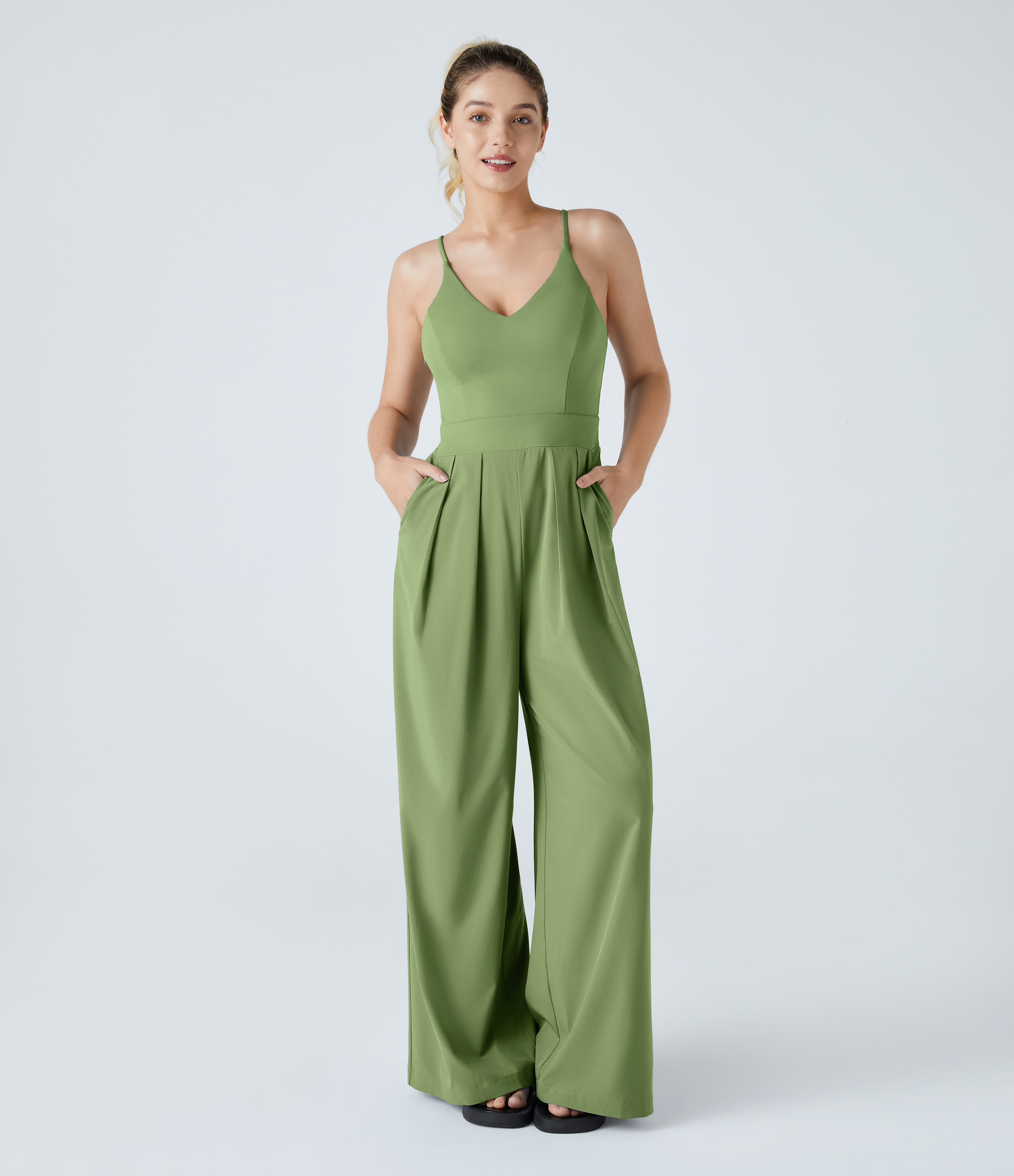 Breezeful™ Backless Side Invisible Zipper Pocket Wide Leg Quick Dry Resort Slip Jumpsuit  - Hot Wasabi - Green