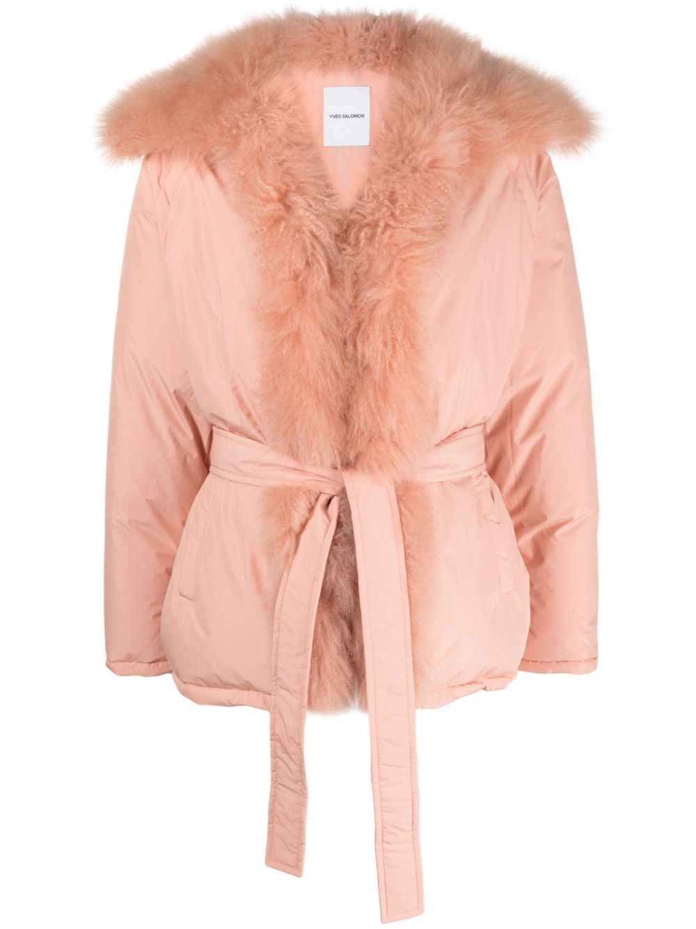 Shearling-trim belted down jacket - Pink
