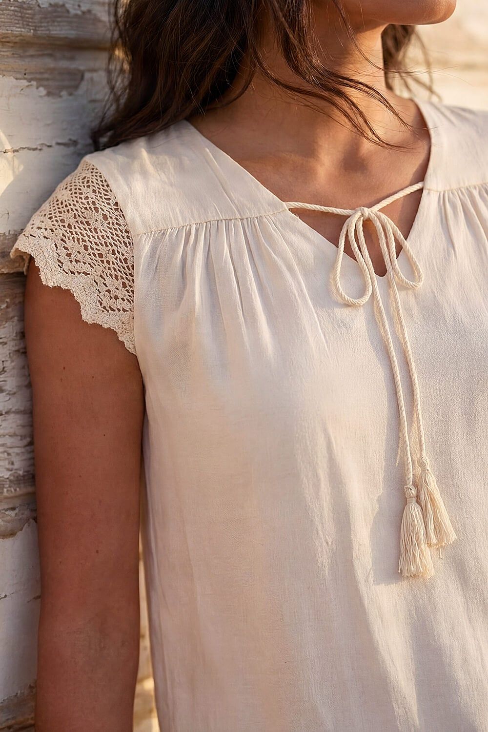 Roman Women's Satin Crochet Tie Front Tunic Top in Crea