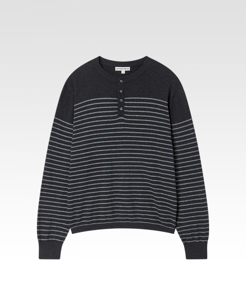 Stripe Plus Henley Neck Knit Charcoal