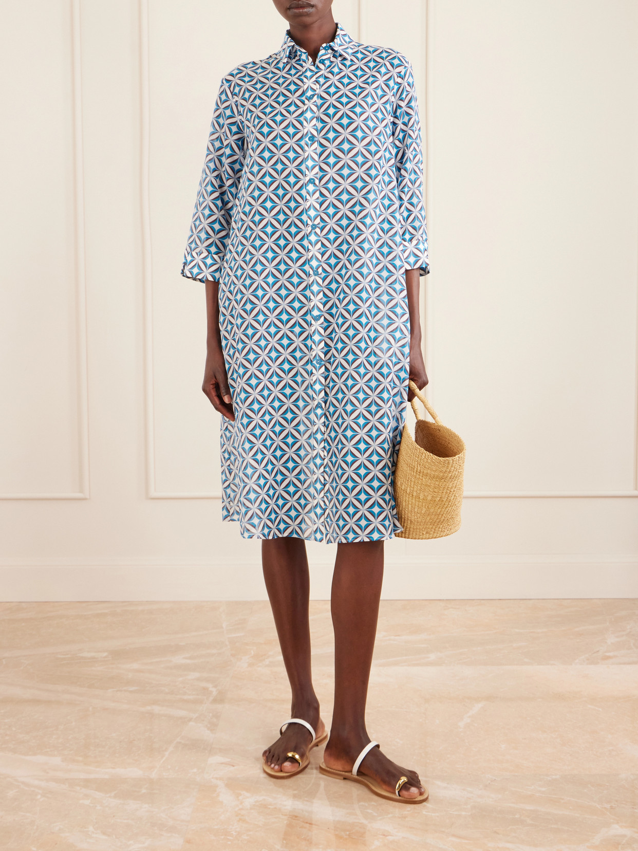 Printed Cotton And Silk-blend Midi Dress - Blue