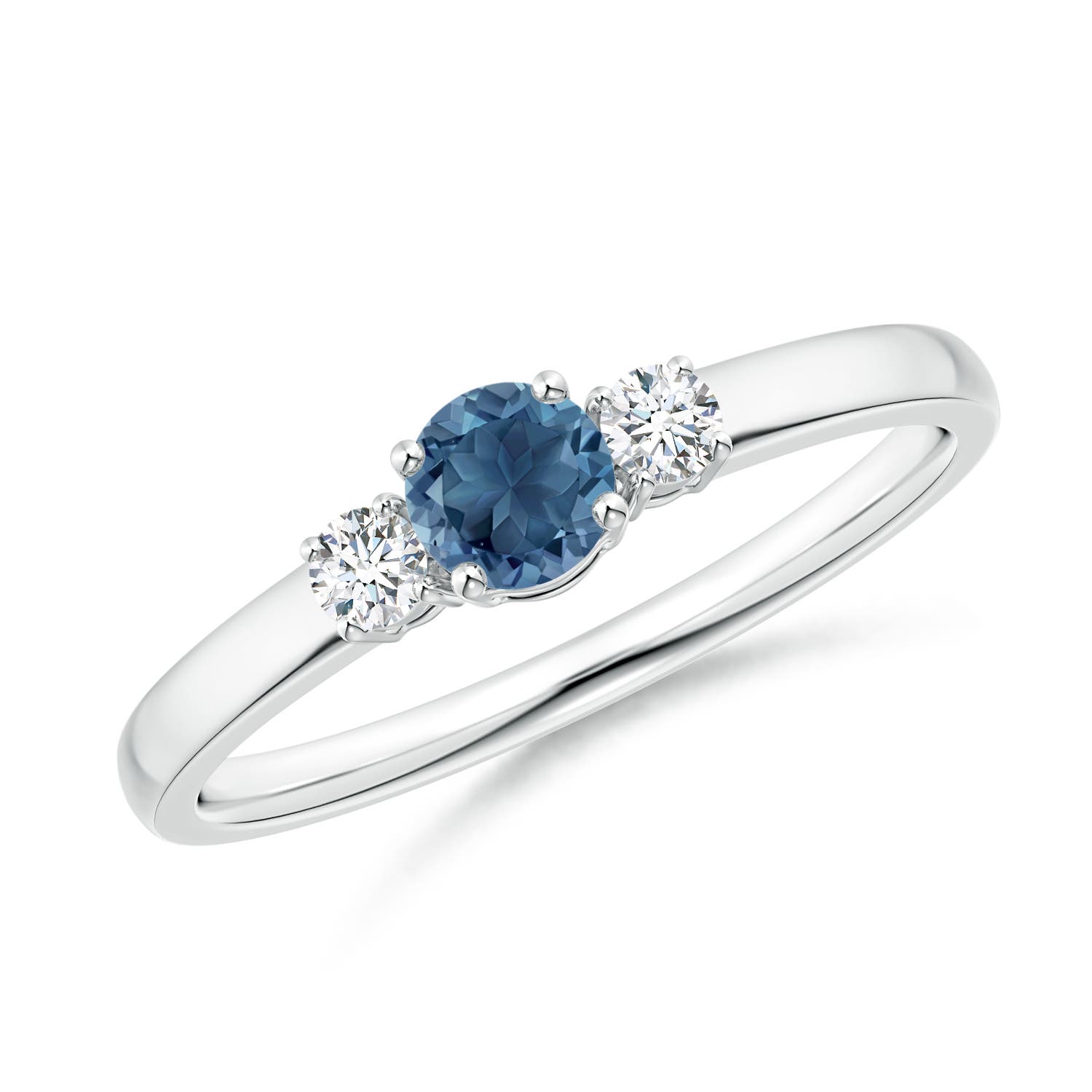 Angara 0.32 Carat Classic Round London Blue Topaz and Diamond Three Stone Engagement Ring in Platinum