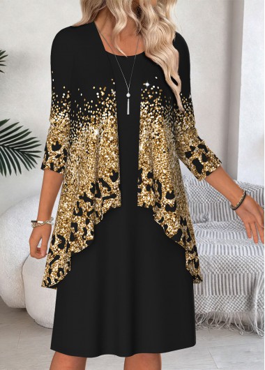 Modlily Black Tummy Coverage Ombre Bracelet Sleeve Dress and Cardigan