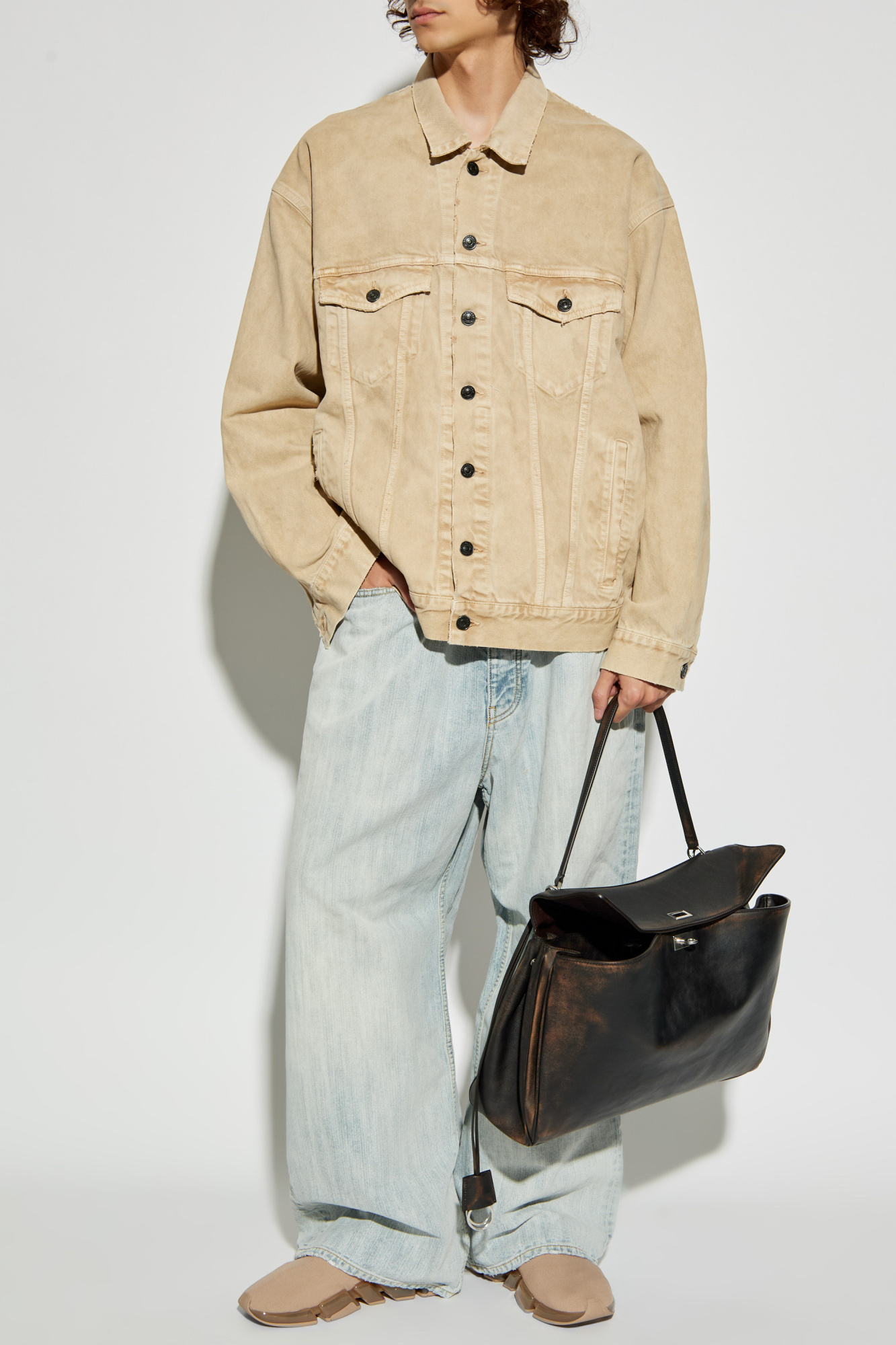 Denim Jacket With `vintage` Effect, Men's, Beige
