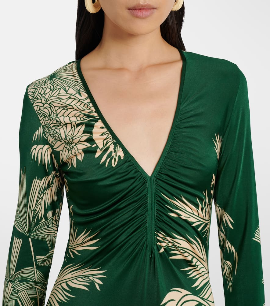 Printed ruched jersey midi dress