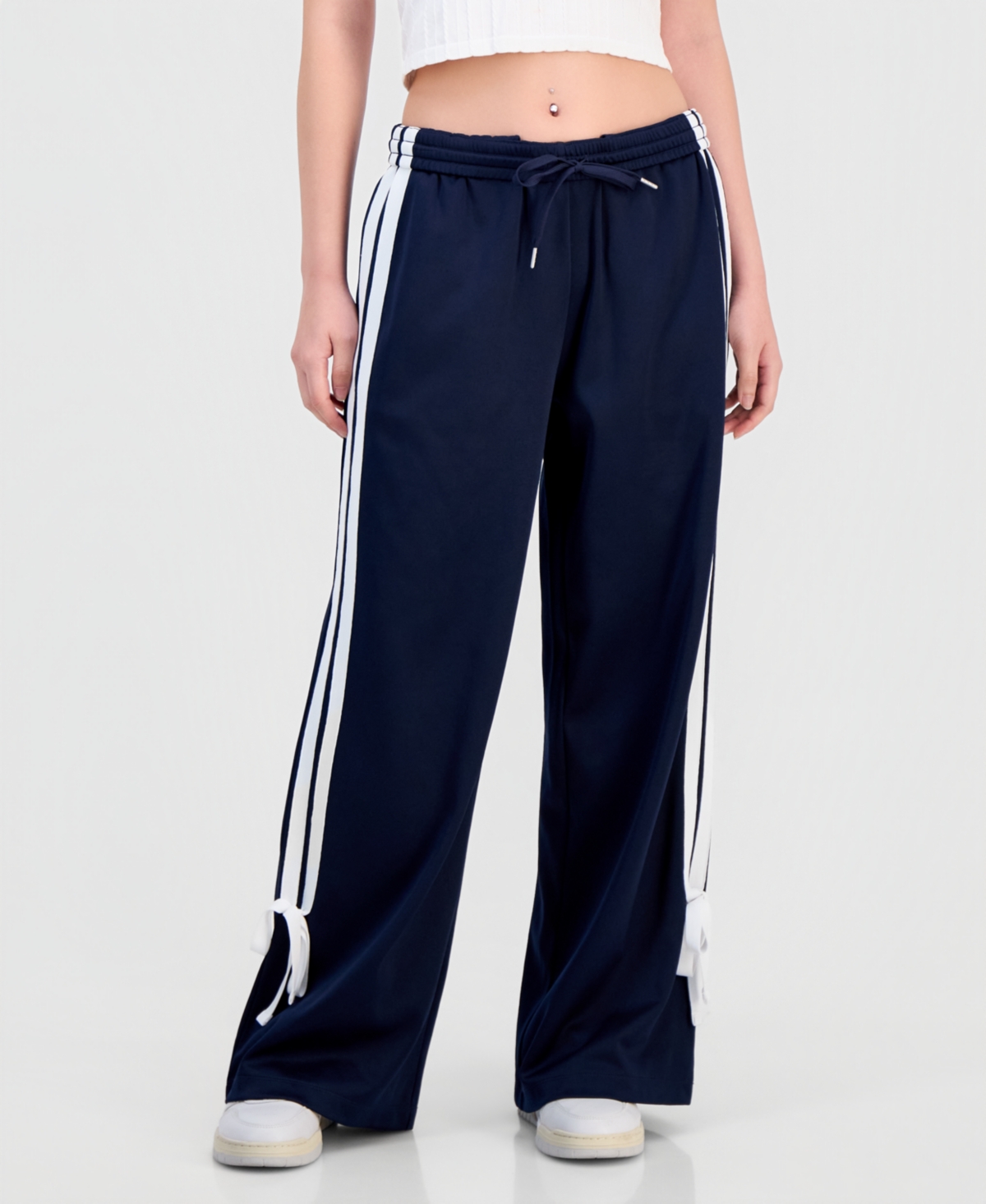 Juniors' Wide-Leg Bow-Detail Track Pants - Navy/White