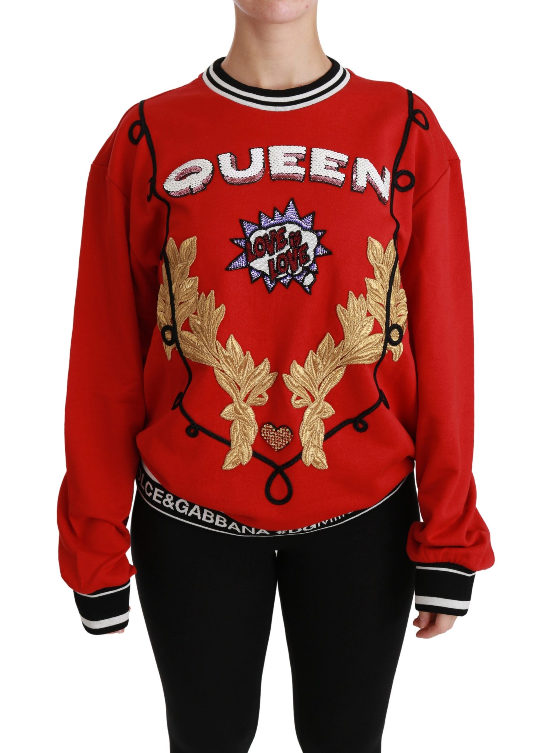 Embroidered and Sequined Queen Logo Sweater — Red