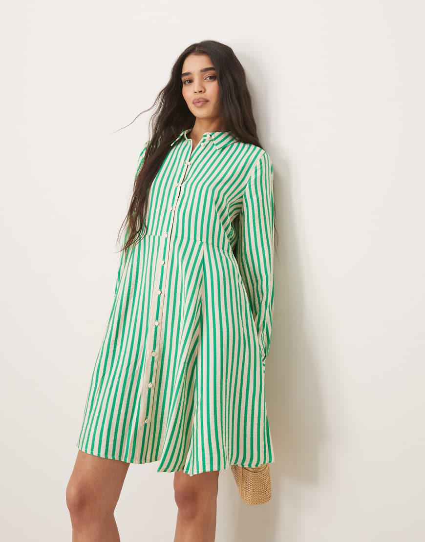 YAS flippy hem mini shirt dress in green and white stripe