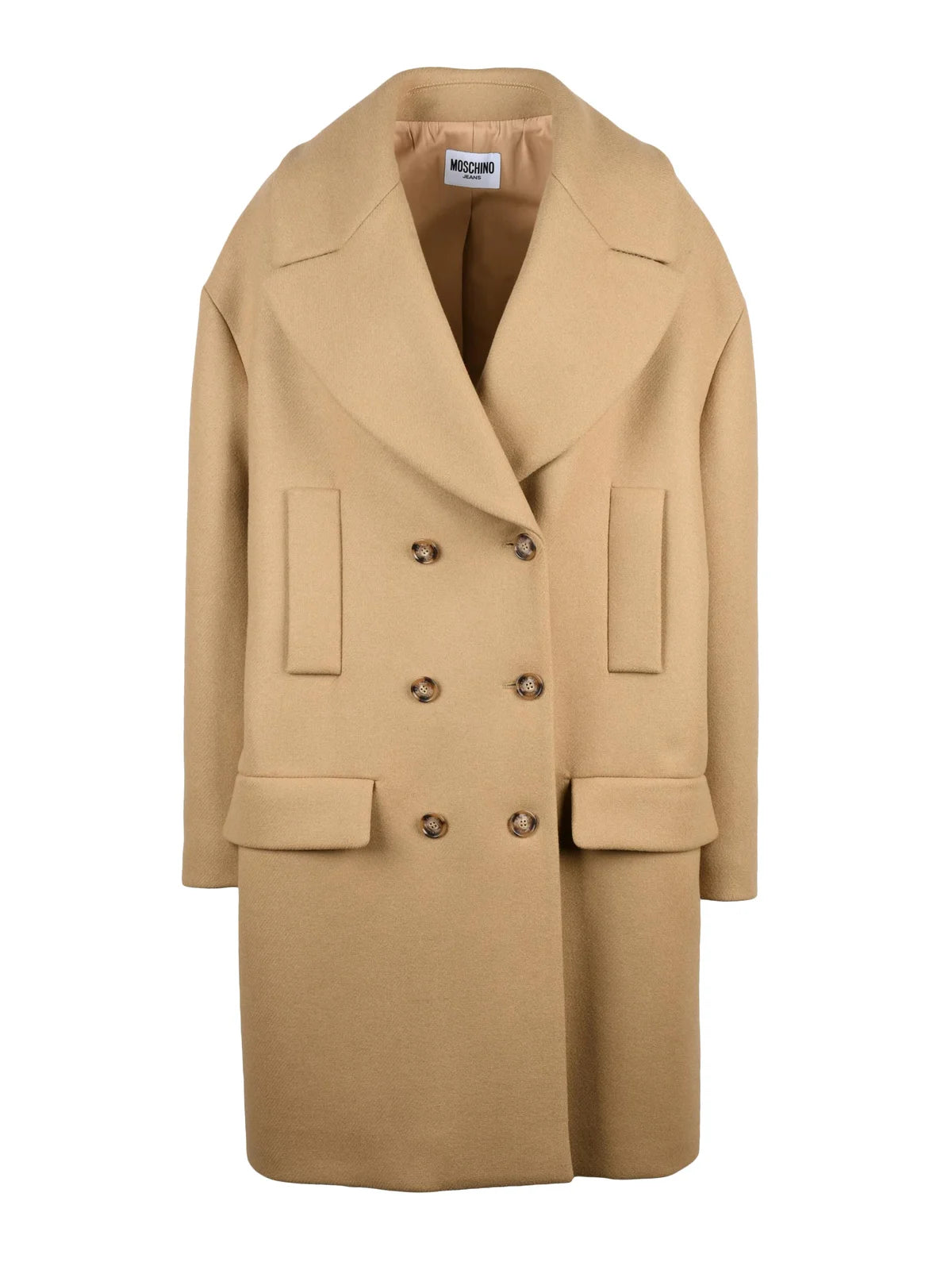 Beige Double-Breasted Virgin Wool-Blend Formal Coat