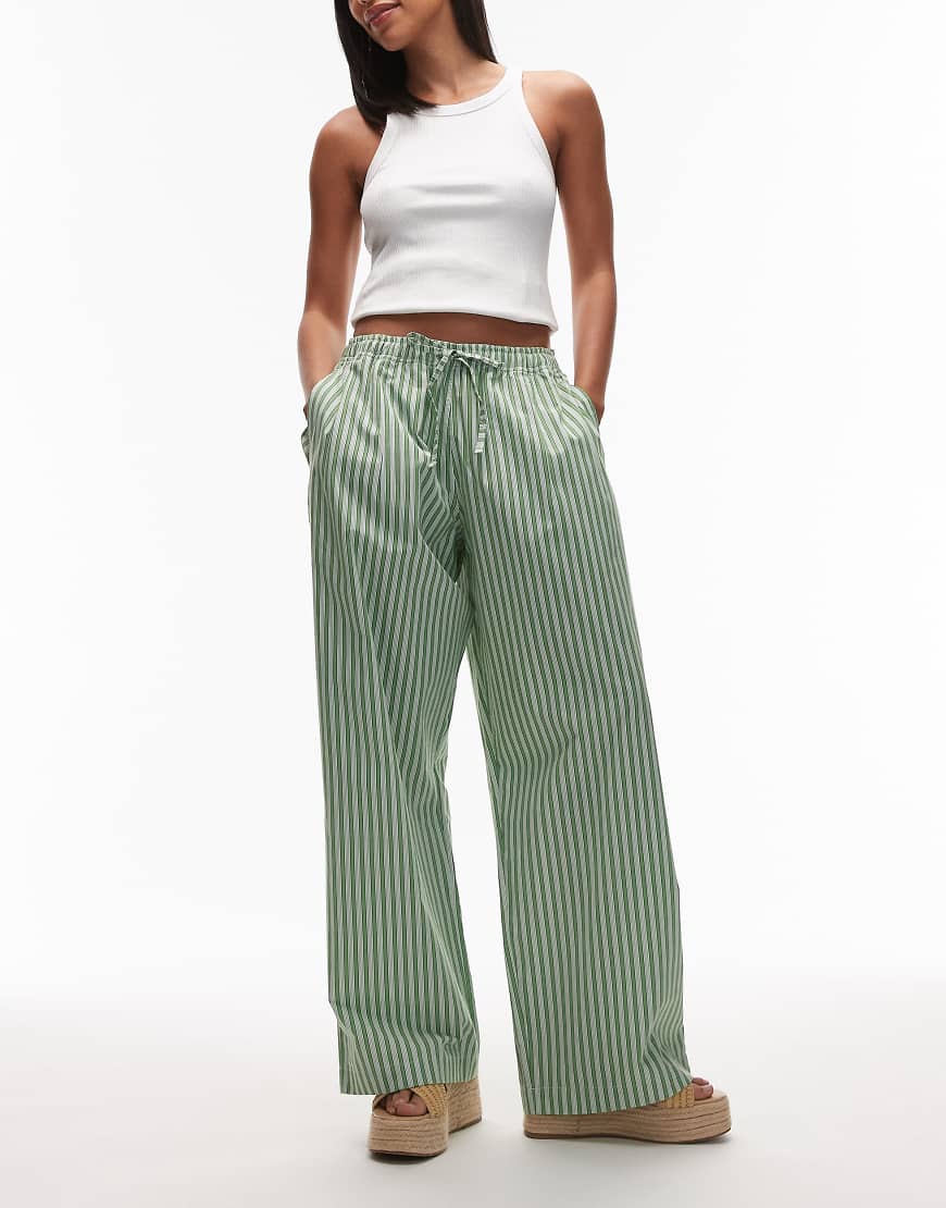 Topshop poplin pull on wide leg trouser in green stripe