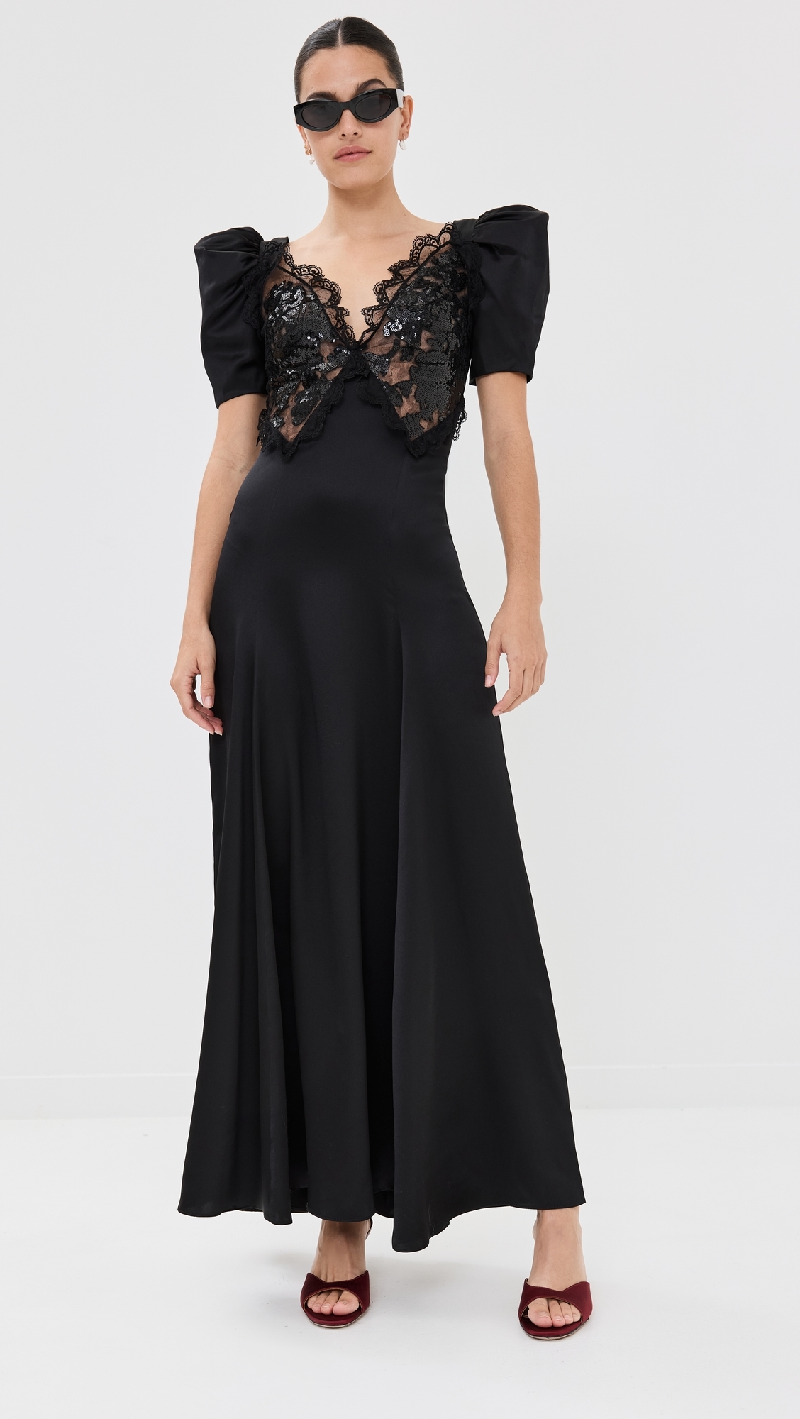 Black Silk Satin Puff Sleeve Dress With Sequin Detail Black