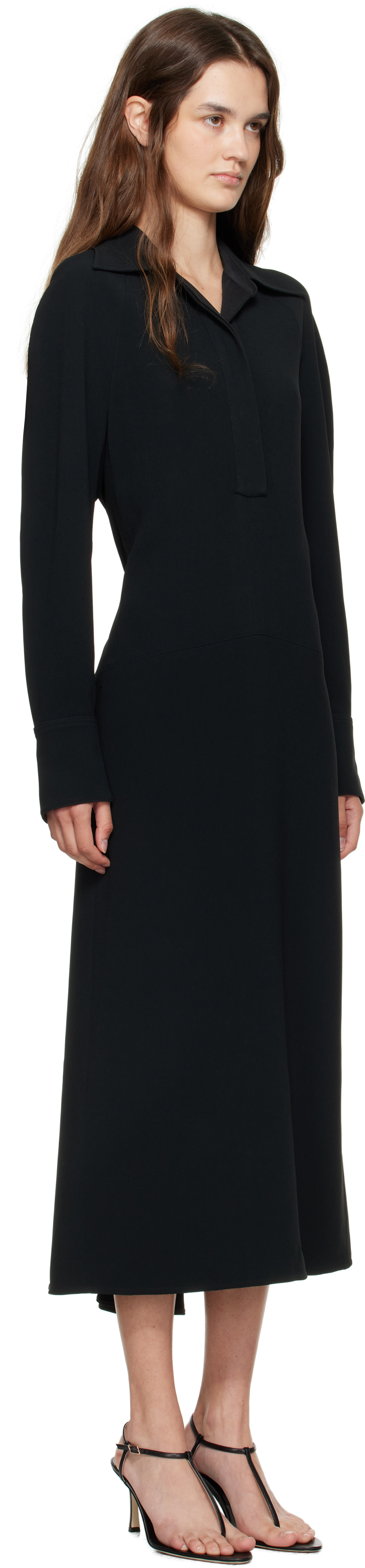 Black Long Sleeve Polo Midi Dress