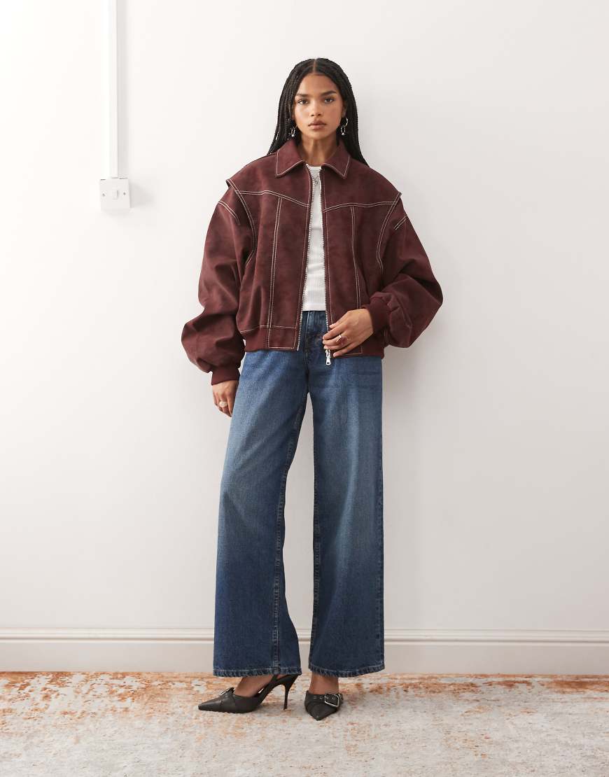 Exclusive Vista leather look contrast stitch bomber jacket in shiraz-Red