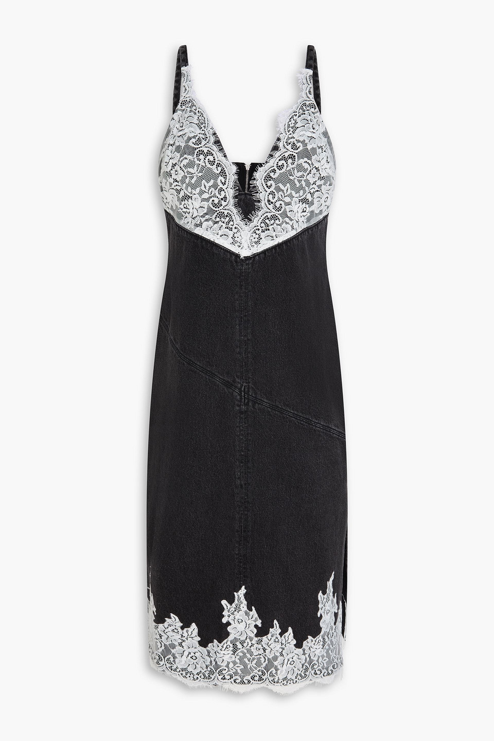 Lace-paneled denim midi slip dress - Black - US 0