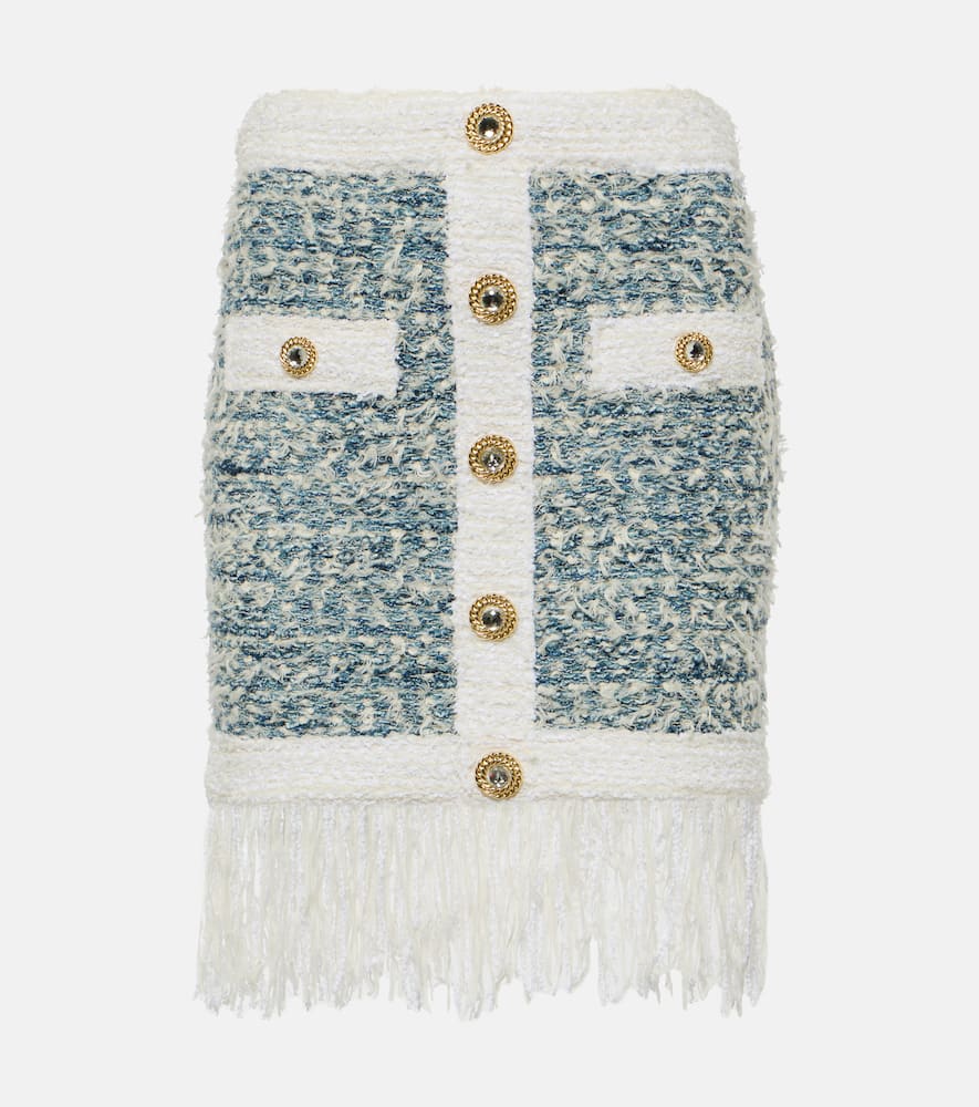 Fringed denim tweed miniskirt