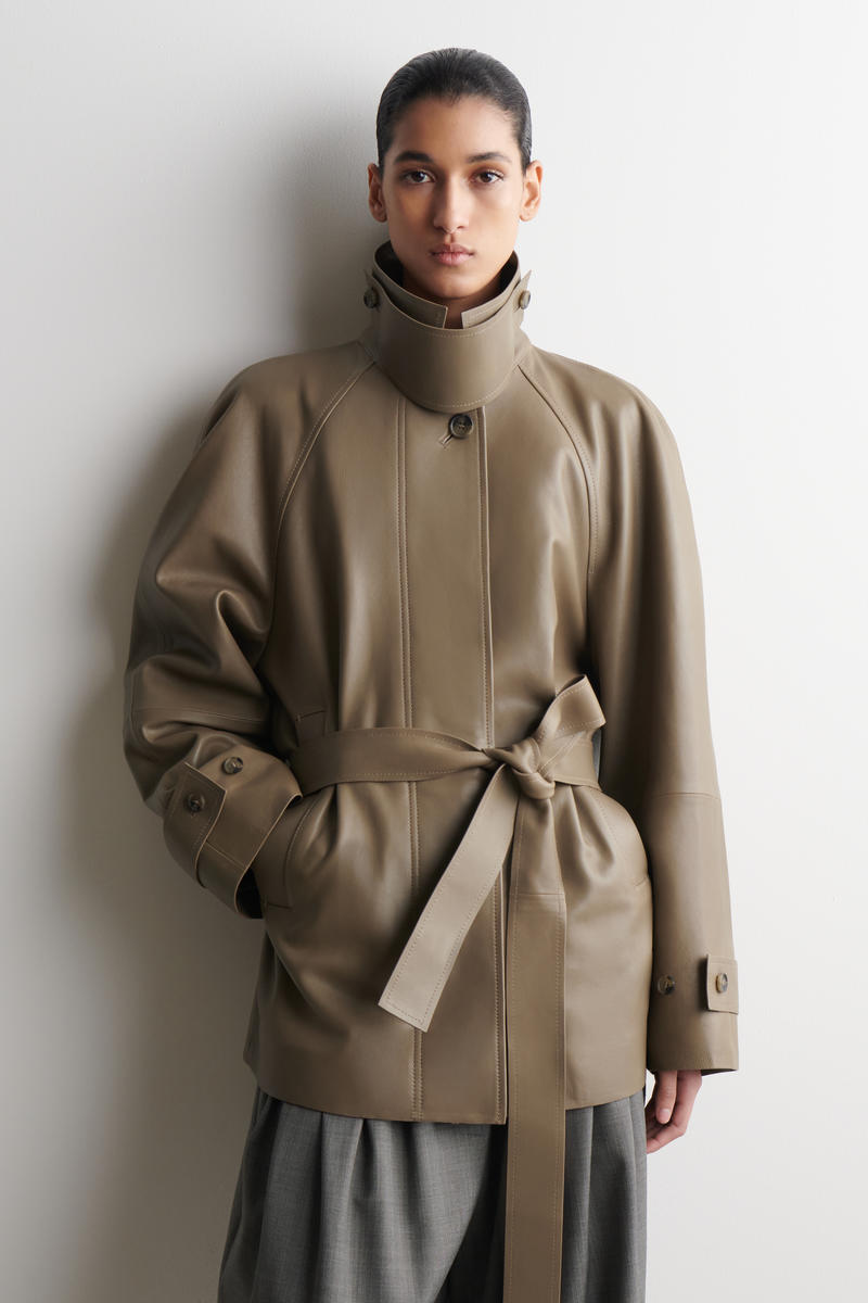 Funnel-Neck Short Leather Trench Jacket