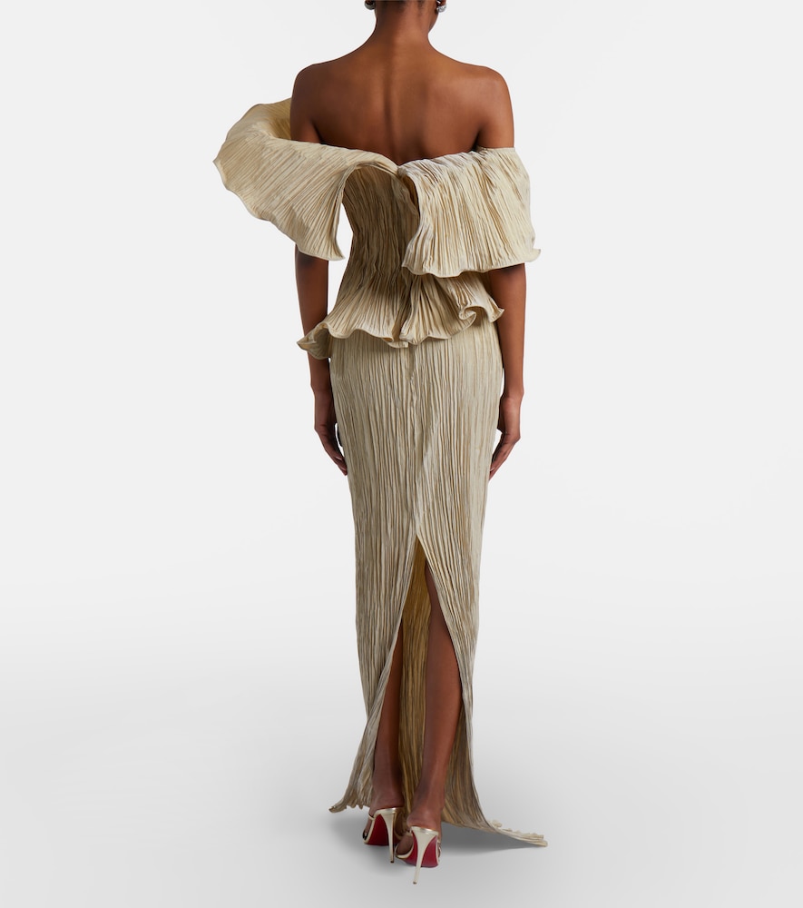 Asymmetric pleated taffeta gown