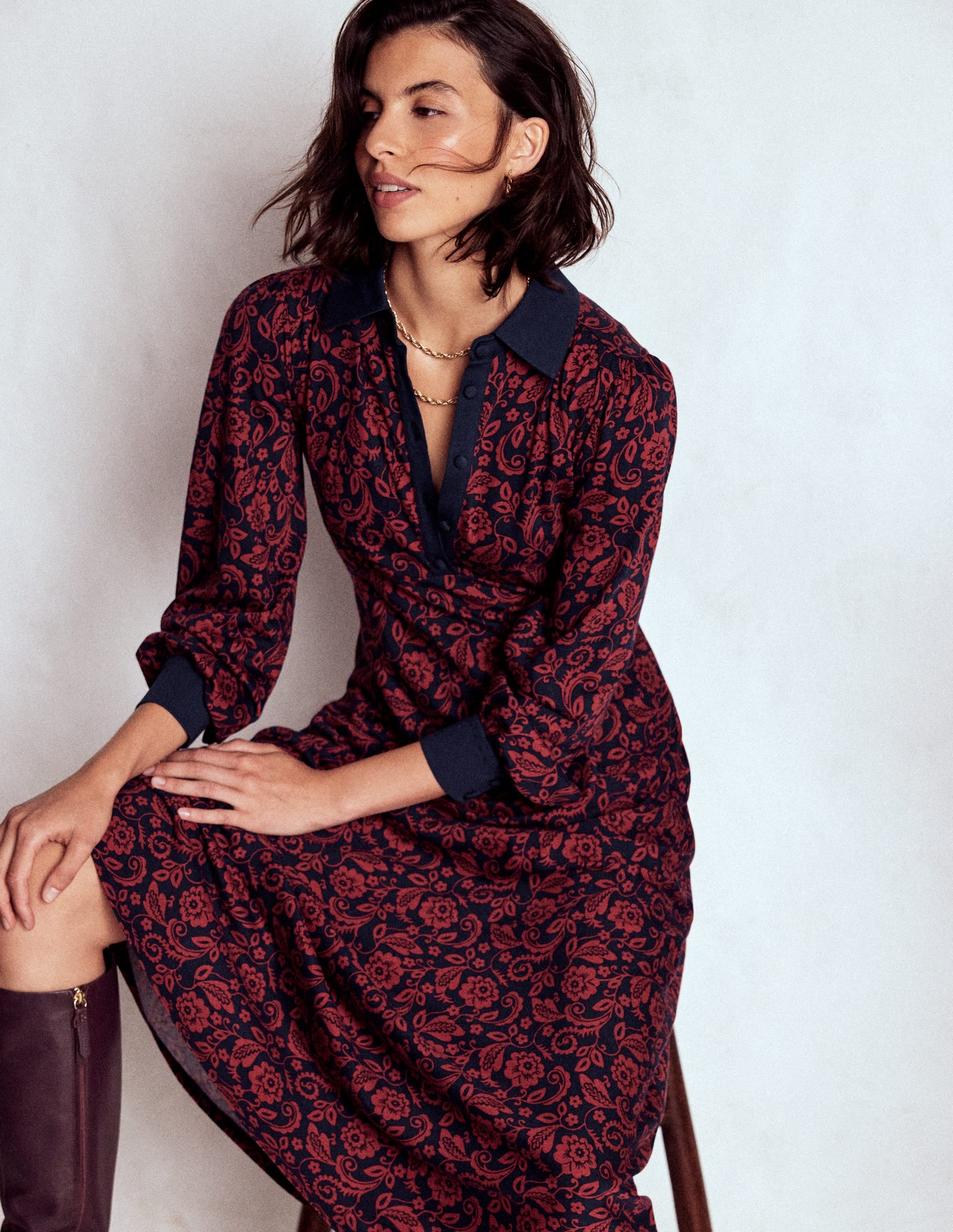 Empire Waistline Shirt Dress Red, Ornate Flora