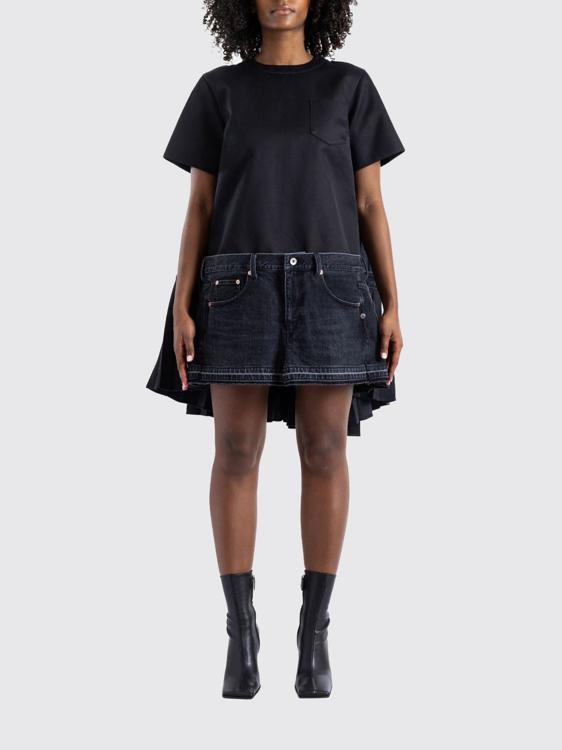 Flared Mini Dress in Denim and Silk with Asymmetrical Pleated Skirt