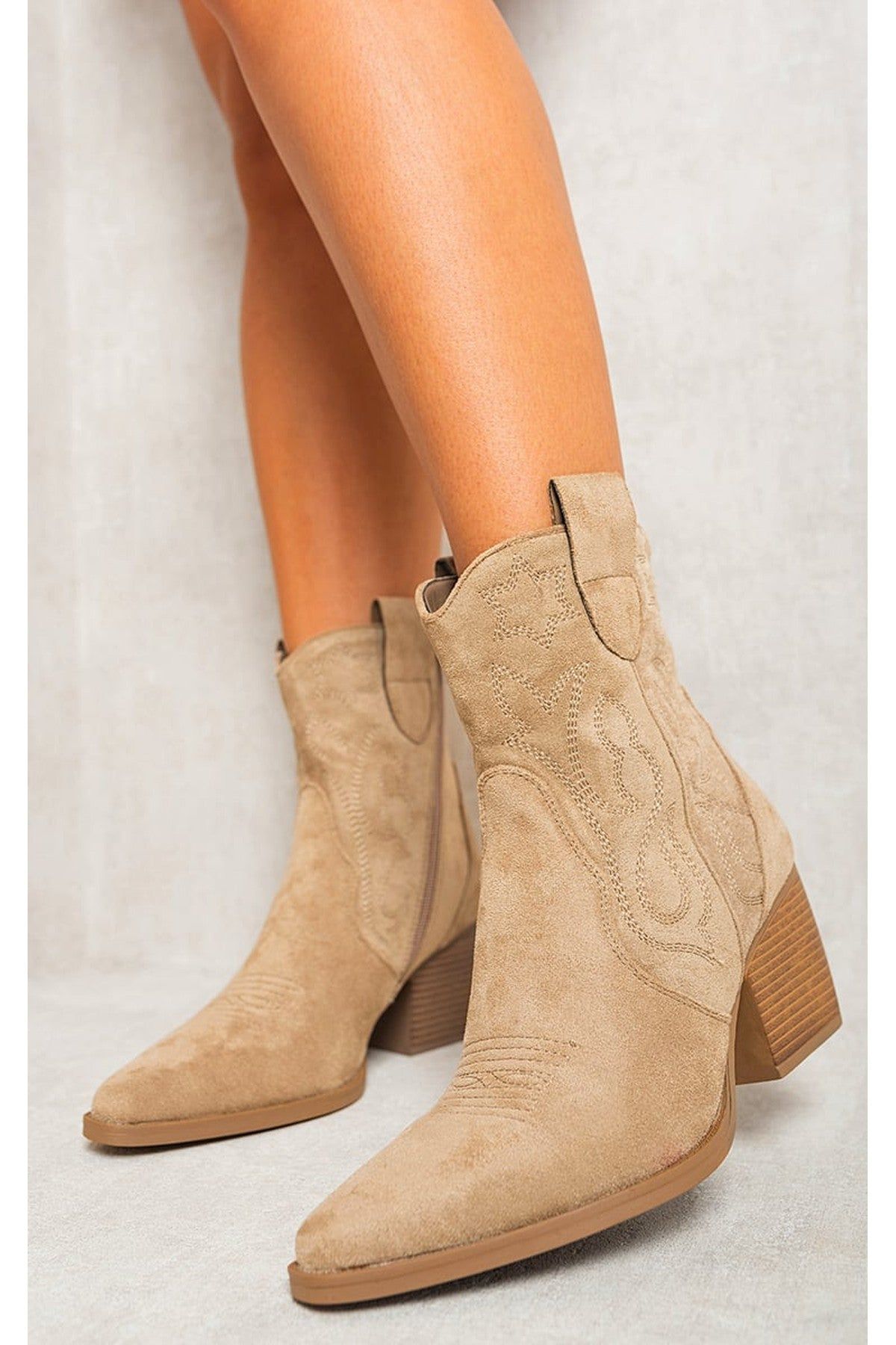 IKRUSH Women's Laura Faux Suede Cowboy Ankle Length Boots in Khaki