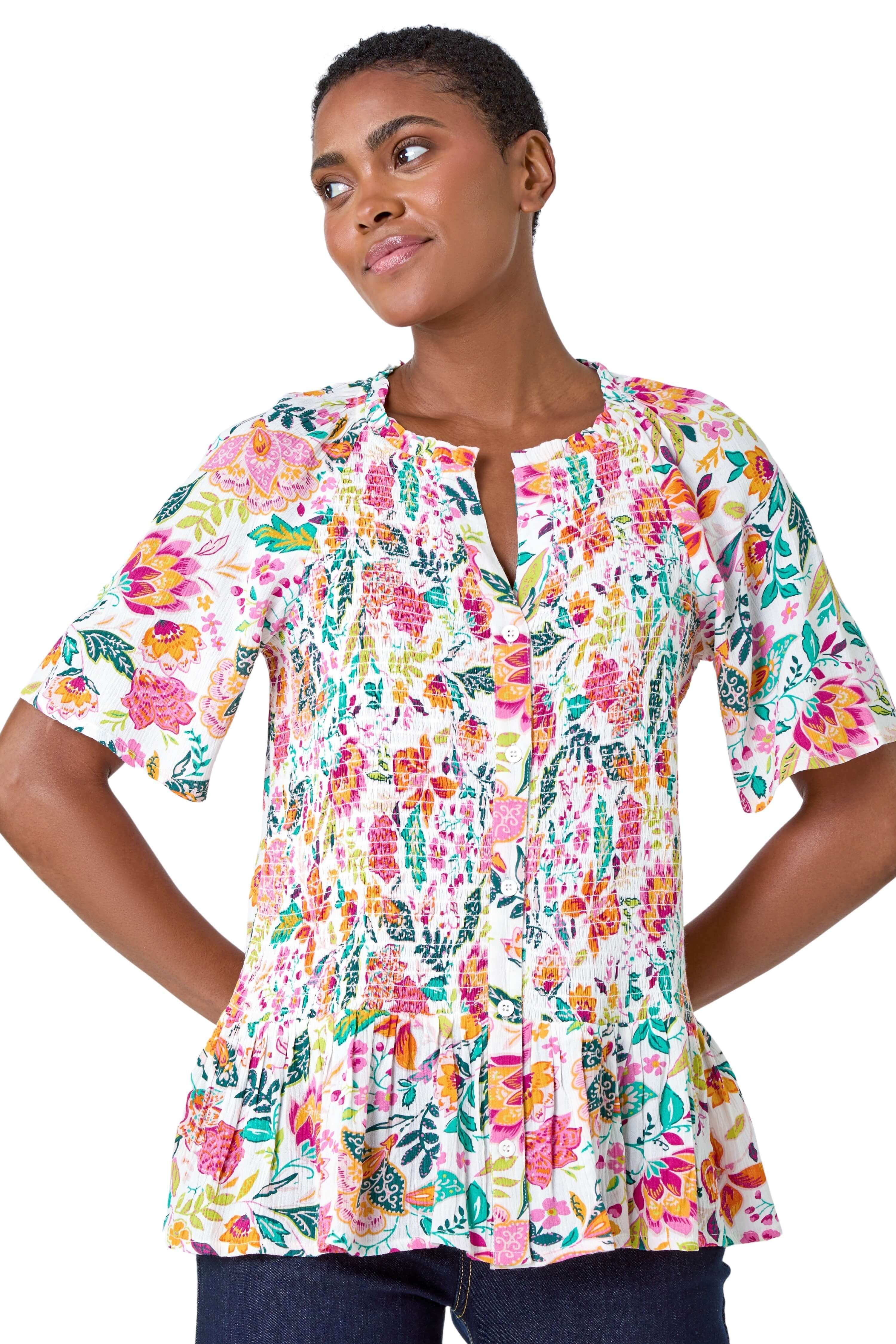 Roman Women's Floral Shirred Crinkle Top in Pink