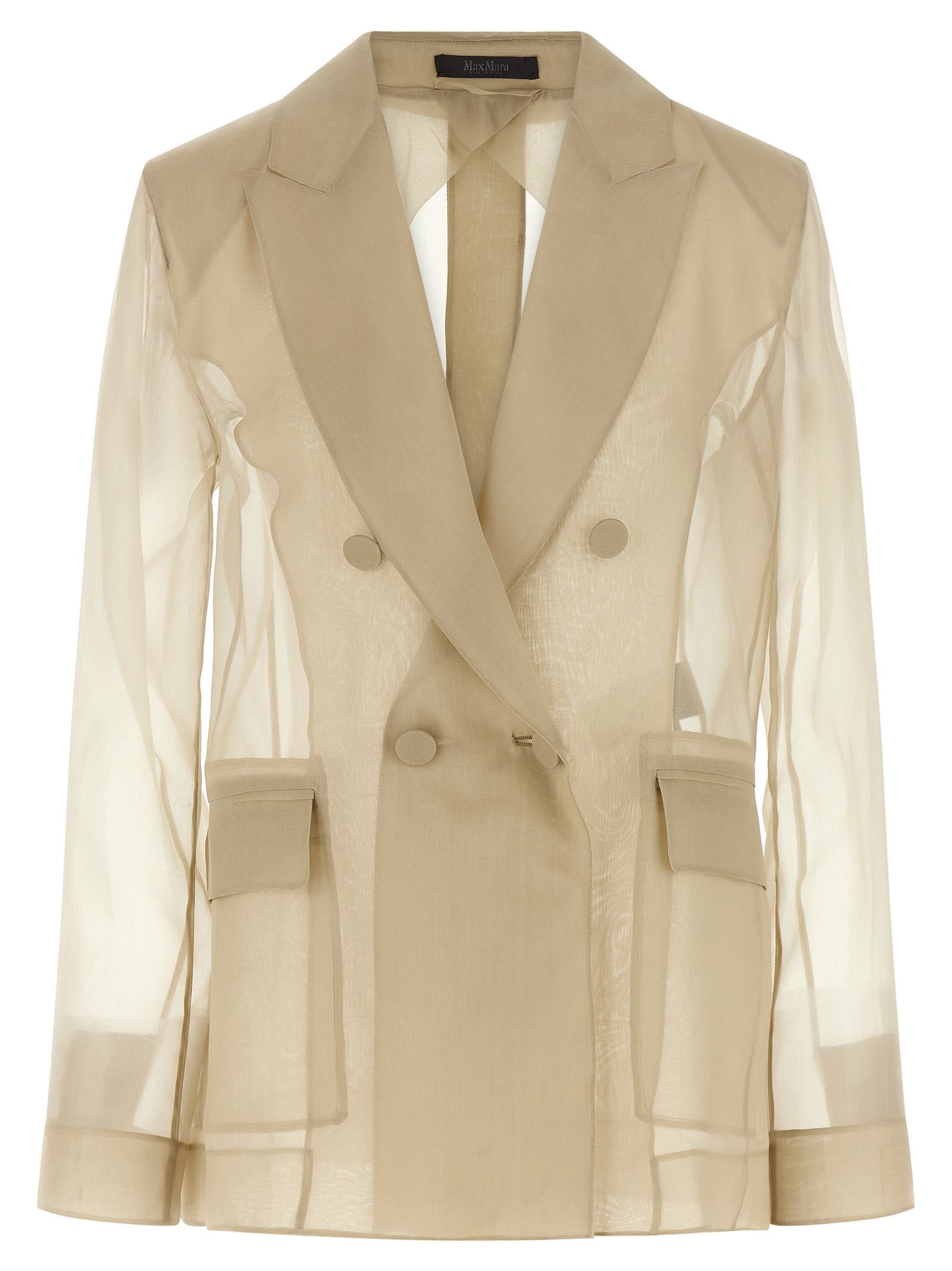 Double-Breasted Silk Organza Blazer — Beige