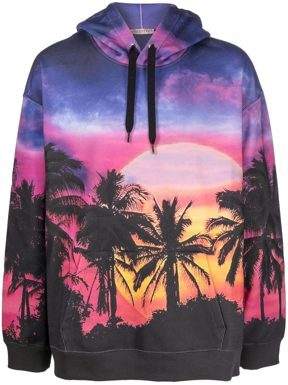 Palmscape-Print Drawstring Hoodie — Blue