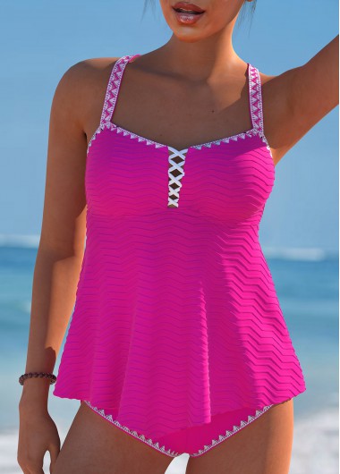Modlily Criss Cross Circular Ring Hot Pink Tankini Set