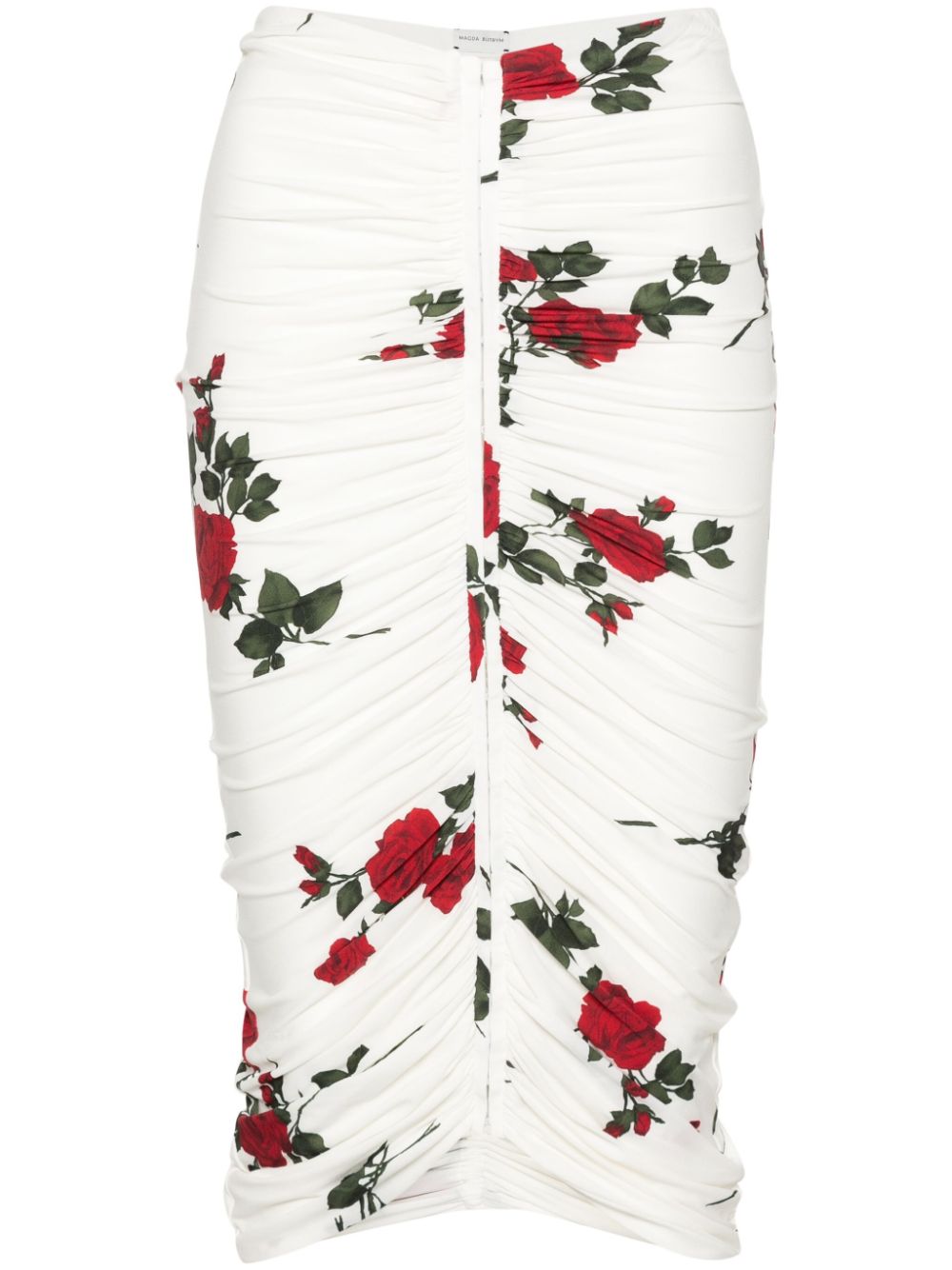 Rose-print ruched midi skirt - White