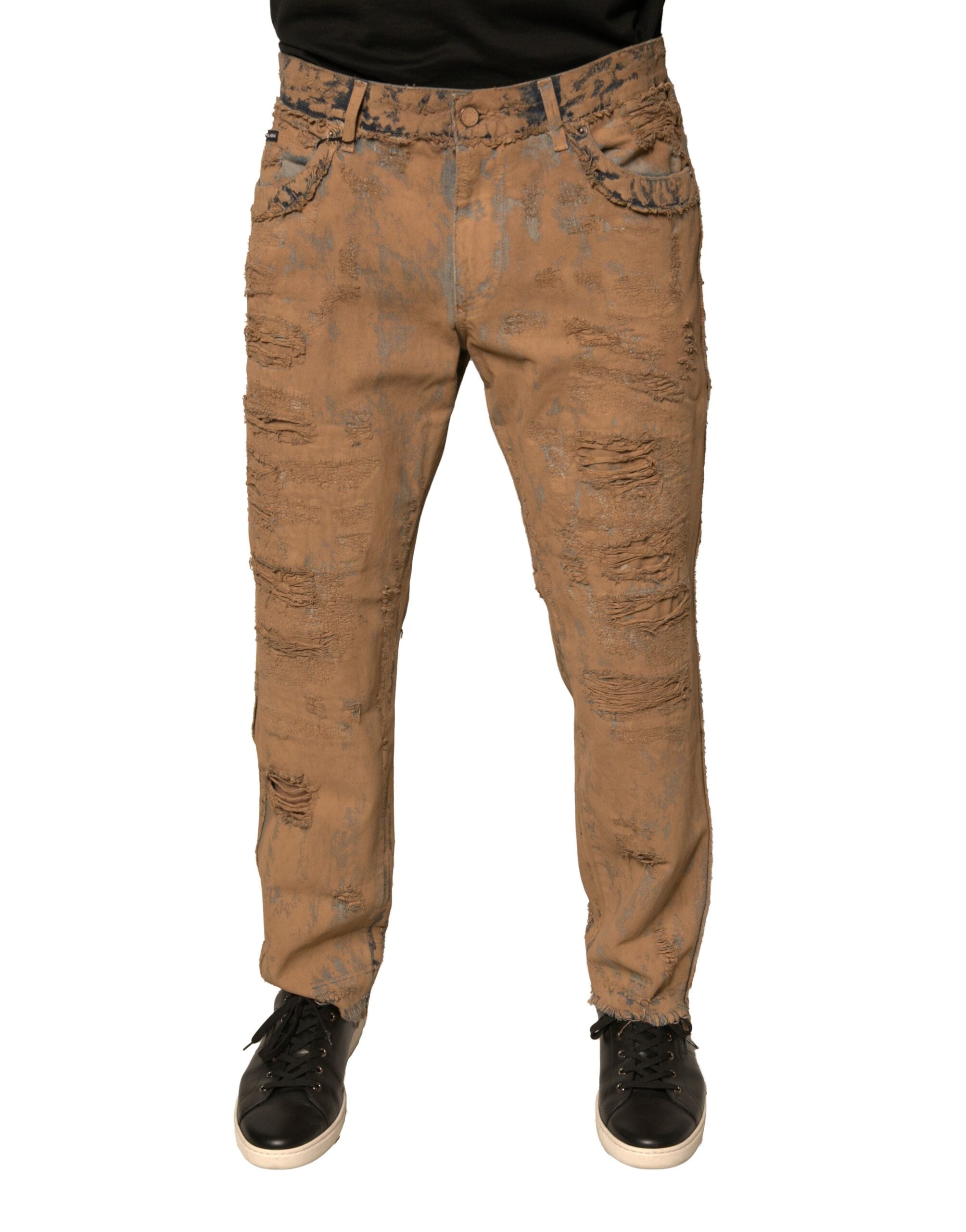 Tattered Cotton Denim Jeans — Brown
