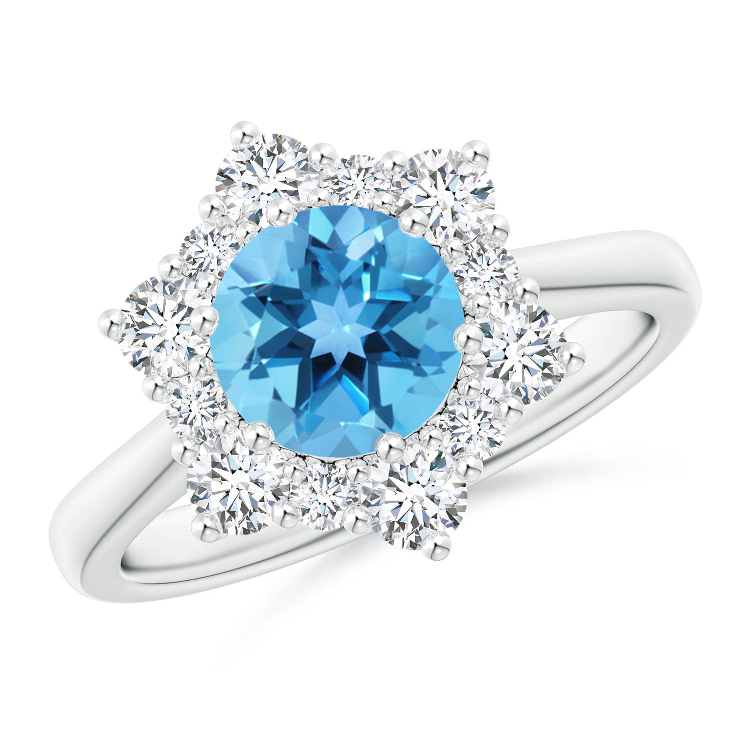 Angara 1.55 Carats Swiss Blue Topaz and Diamond Floral Halo Engagement Ring in Platinum