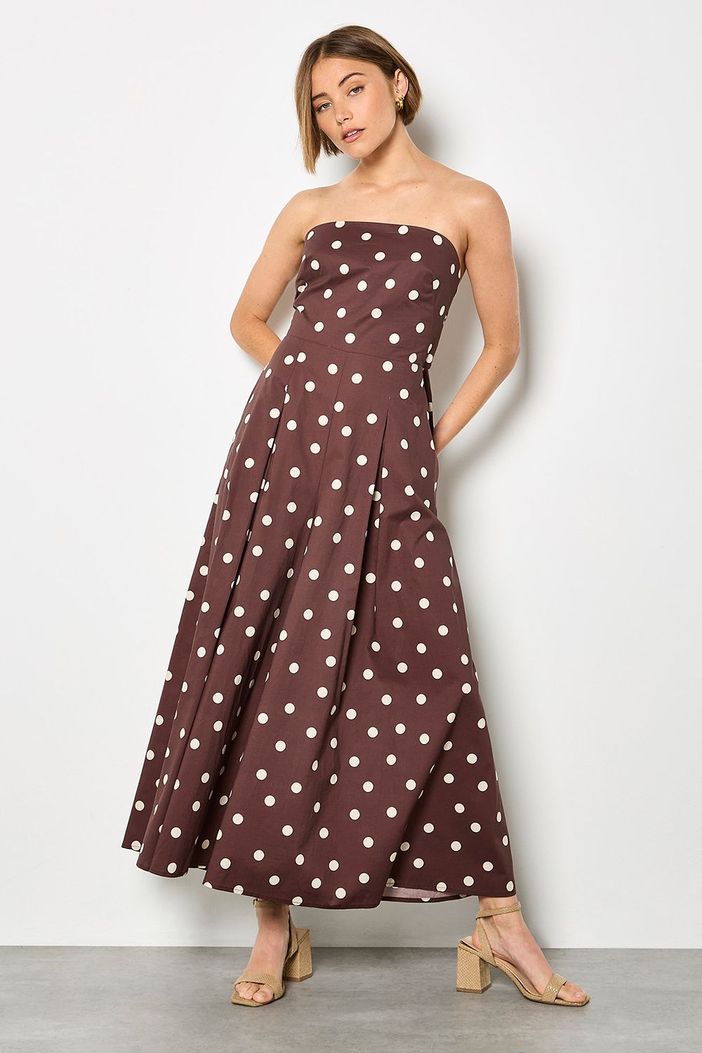 Apricot Women's Polka Dot Bow Back Cotton Jumpsuit in Brown