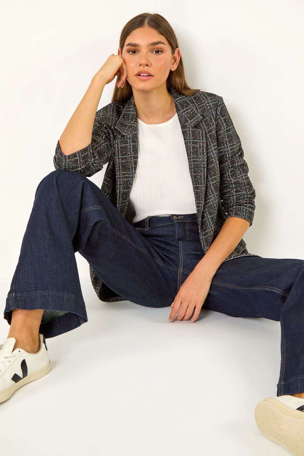 Roman Textured Longline Blazer In Black