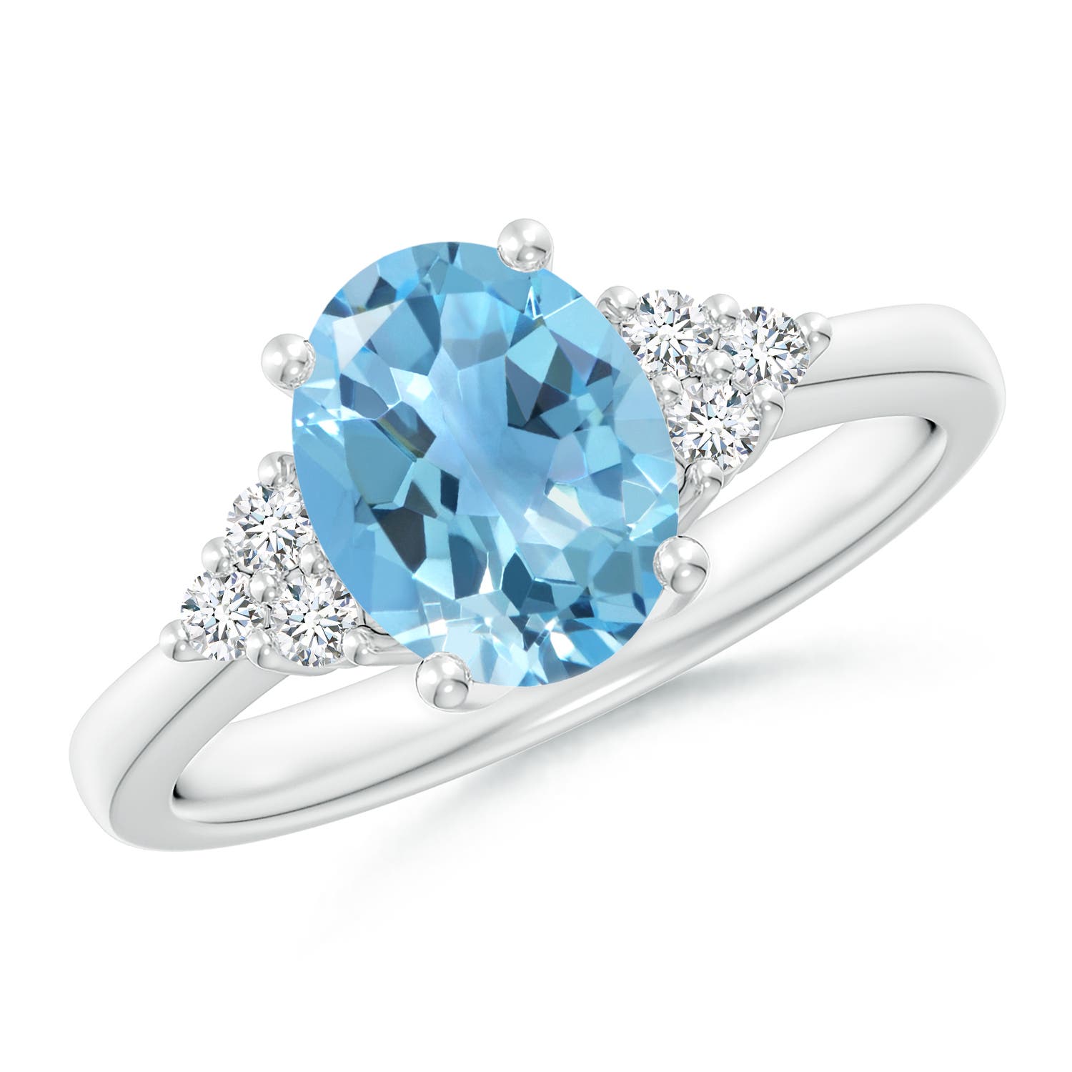 Angara 2.25 Carats Solitaire Oval Swiss Blue Topaz Ring with Trio Diamond Accents in Platinum