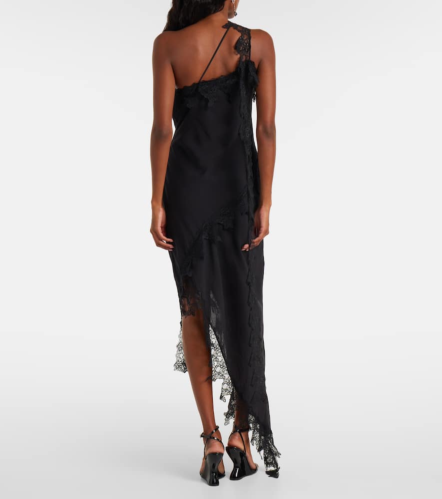 Asymmetric lace-trimmed midi dress