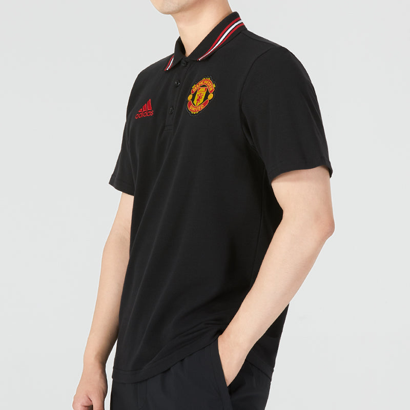 Men's Manchester United Logo Embroidered Stripe Collar Short Sleeve Black Polo Shirt
