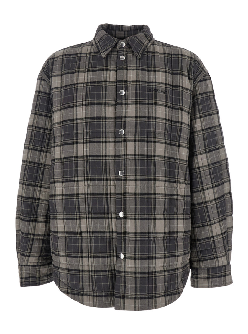 Grey Shirt With Logo Lettering On The Front And All-over Check Motif In Cotton Man